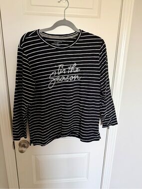 Talbots Black and White Striped 'Tis the Season Long Sleeve Tee